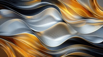 The background features abstract waves in gold, silver, and black hues
