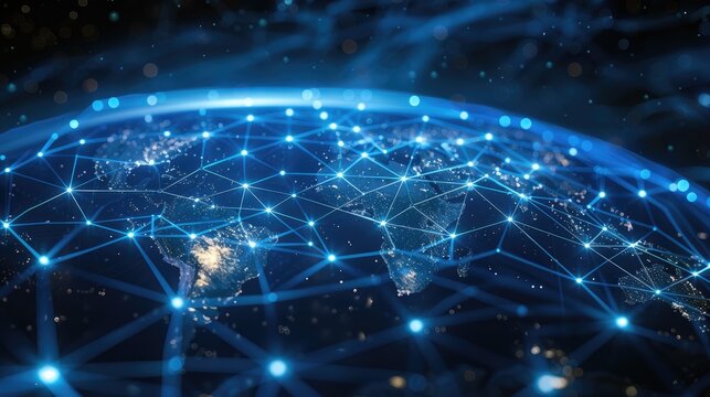 The concept of global network connectivity is exemplified through the use of a digital earth map