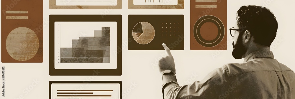 Aufkleber of marketing research analyst analyzing data visualizations and strategizing solutions
