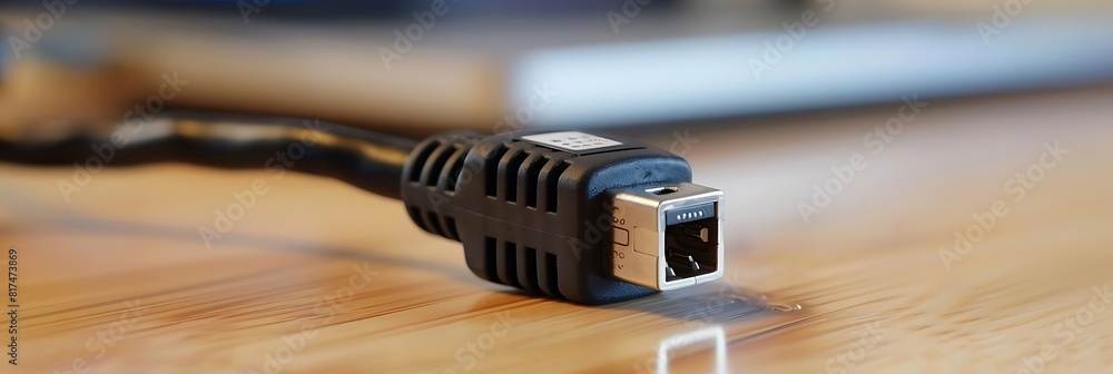 Poster close - up of ethernet cable connected to computer for internet connection, placed on a brown wooden