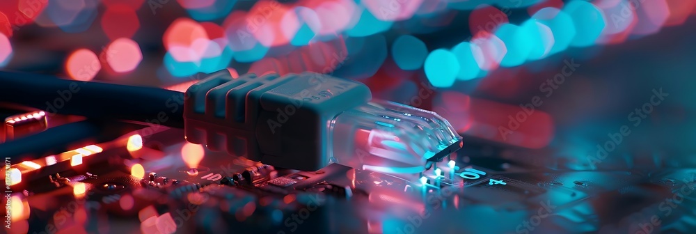 Poster close - up of ethernet cable connected to computer for internet connection, with a blue light visibl