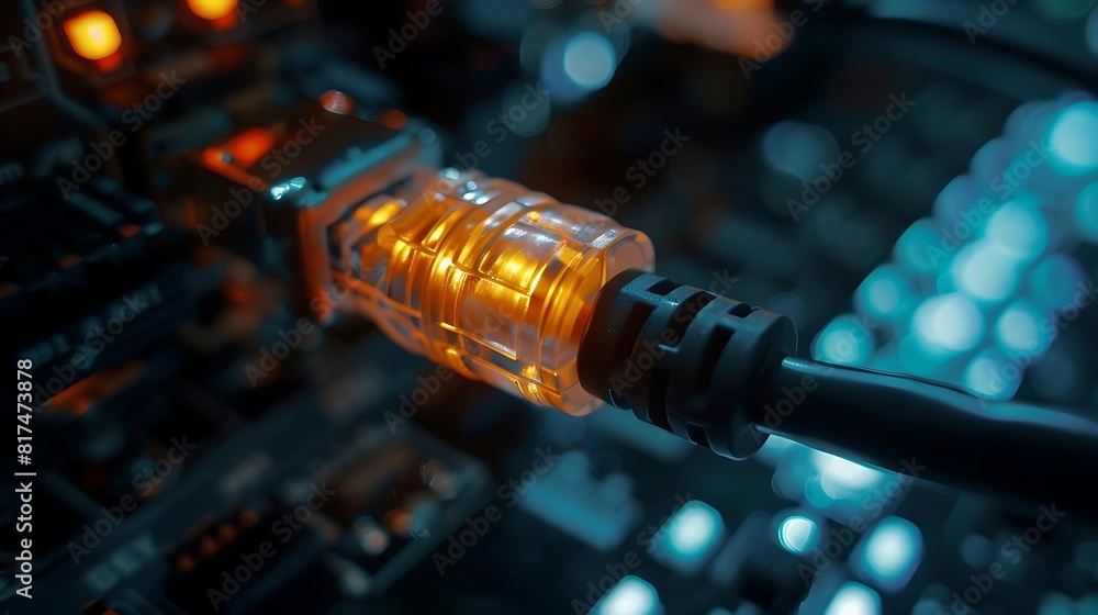 Poster close - up of ethernet cable connected to modem for internet connection