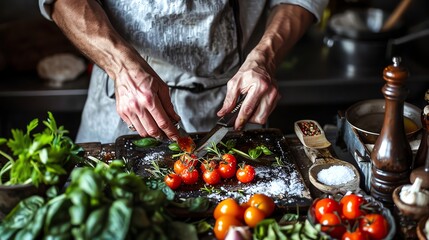 A chef is cutting tomatoes on a cutting board