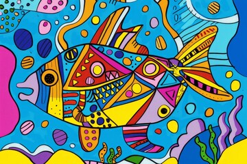 Fototapeta premium Cartoon cute doodles of a quirky fish with its body segmented into geometric shapes, swimming in an abstract aquatic scene, Generative AI
