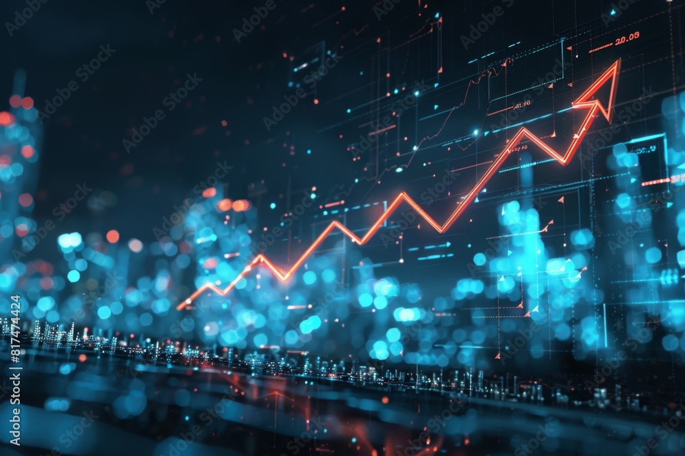Poster digital stock market graph arrow going up with city background generative ai