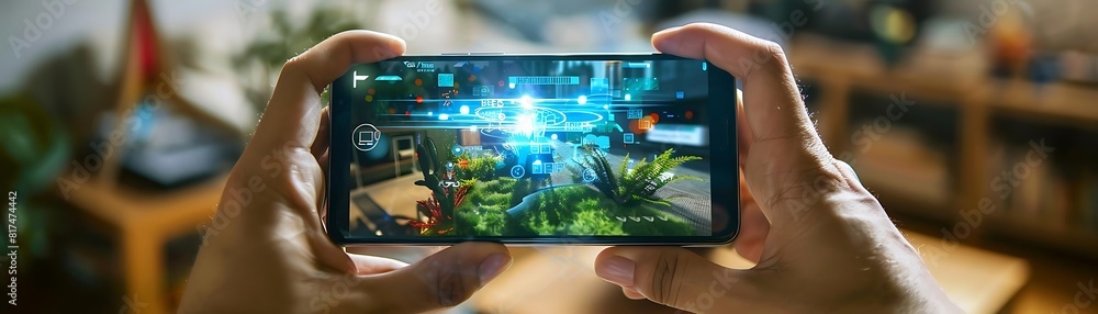 Poster close - up of hands holding smartphone with augmented reality interface