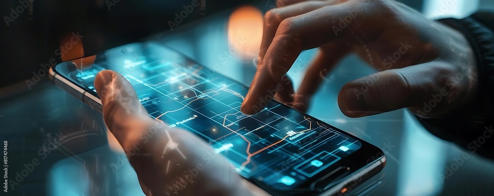 Poster close - up of hands holding smartphone with digital interface and virtual buttons