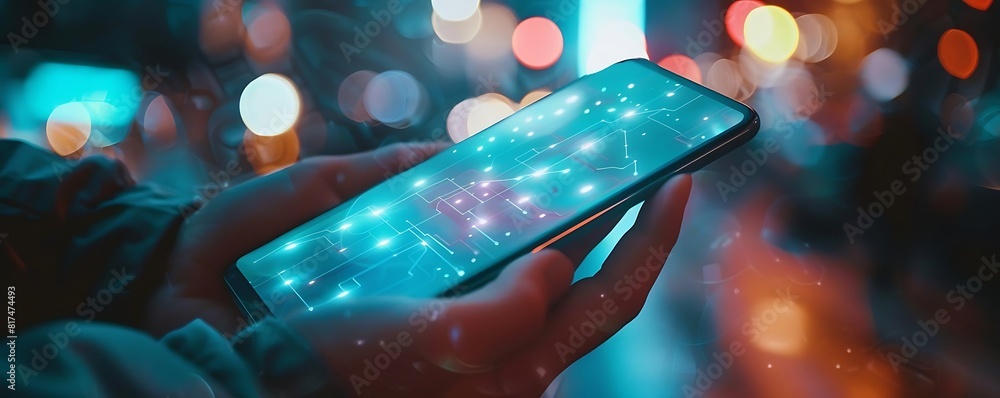 Poster close - up of hands holding smartphone with digital interface and virtual buttons