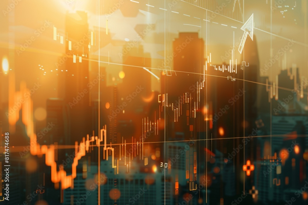 Poster a stock market graph with an arrow pointing upwards, representing growth and success in the financia