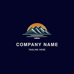 A logo design featuring a stylized mountain with a sunset in the background