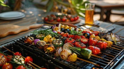 Grilled Vegetable Skewers on Barbecue with Fresh Herbs and Seasonal Vegetables