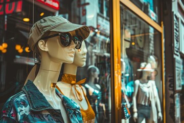 Obraz premium A trendy fashion district, with stylish storefronts and mannequins displaying the latest trends, Generative AI