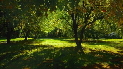 A beautiful painting depicting the sun shining through the trees in a park, illuminating the grass and creating a stunning natural landscape AIG50