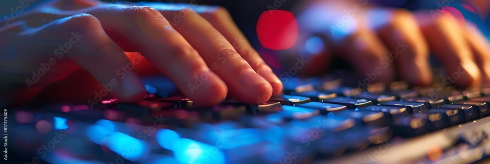 Poster close - up of hands typing on computer keyboard with digital interface
