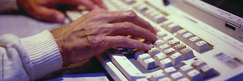 Poster close - up of hands typing on computer keyboard with digital interface, accompanied by a white paper