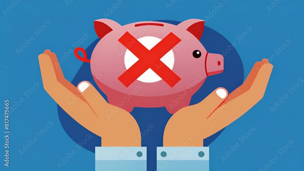 Poster two hands holding a wad of cash with a red x over a piggy bank symbolizing the importance of saving 
