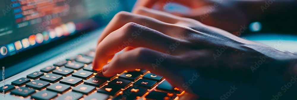 Poster close - up of hands typing on computer keyboard with digital keys visible, including a black key, a 