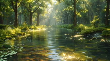 Obraz premium Tranquil Journey A Winding Rivers Peaceful Passage Through a Lush Evergreen Forest