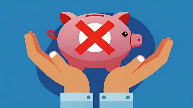 Two hands holding a wad of cash with a red X over a piggy bank symbolizing the importance of saving to avoid overdraft fees.