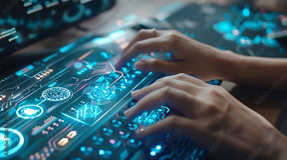 Aufkleber close - up of hands typing on computer keyboard with holographic technology display in the backgroun