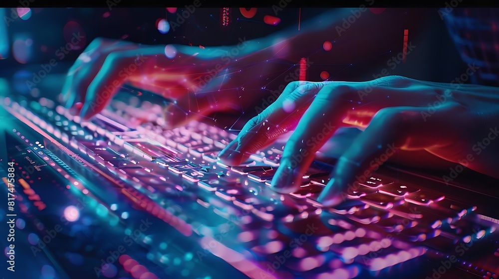 Aufkleber close - up of hands typing on computer keyboard with holographic technology display