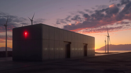 Obraz premium Smart renewable energy heat power network system. Off-grid building city battery storage sustainable electrification. Electric car charging with solar panels, wind, high voltage power grid and city.
