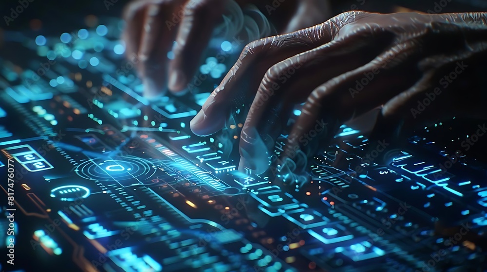 Poster close - up of hands typing on digital keyboard with futuristic interface