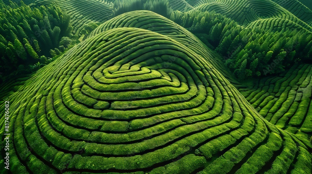 Poster aerial view of a tea plantation with meticulously arranged rows forming intricate patterns across th