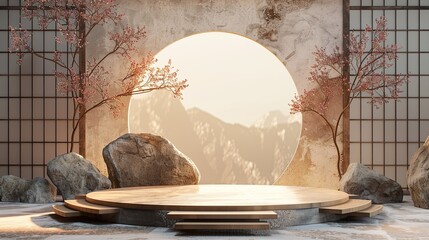 3d podium stage in the japanese style background 