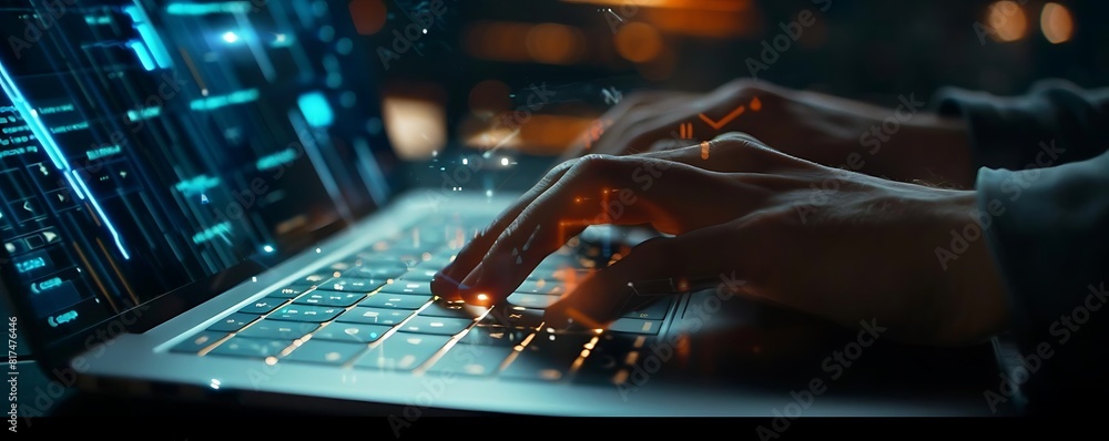 Poster close - up of hands typing on laptop with augmented reality interface, featuring a black keyboard an
