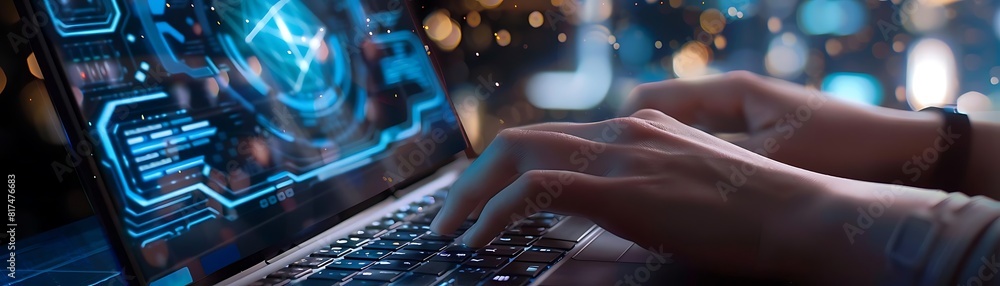 Poster close - up of hands typing on laptop with futuristic technology hud, featuring a black keyboard and 