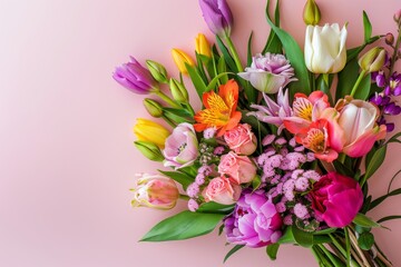 A bouquet of vibrant flowers arranged beautifully on a pastel background with ample copy space for a Happy Mother's Day message