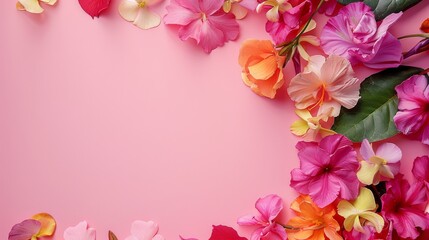 Fototapeta premium A close-up of vibrant flower petals and leaves arranged in a corner, with the rest of the pink background left as blank space for text or graphics