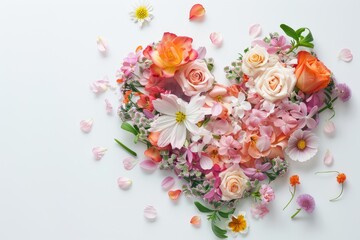 A heart-shaped arrangement of fresh flowers and petals on a white background, with copy space for a personalized Happy Mother's Day greeting - Powered by Adobe