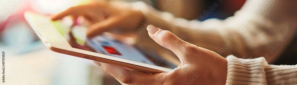 Aufkleber close - up of hands using tablet for online shopping and internet browsing