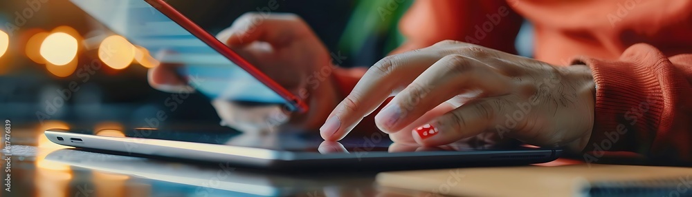 Aufkleber close - up of hands using tablet for online shopping and internet browsing, with a white hand and fi
