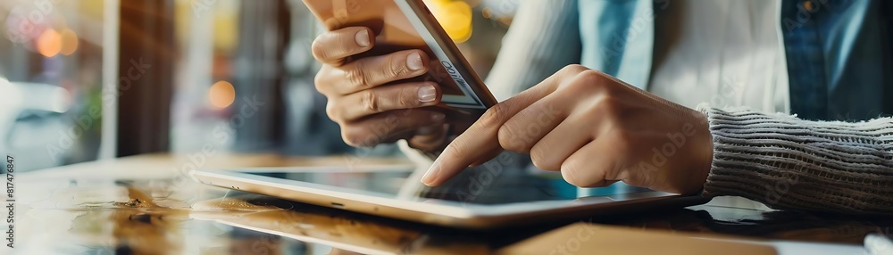 Aufkleber close - up of hands using tablet for online shopping and internet browsing