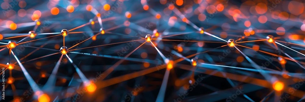 Poster close - up of interconnected network of digital nodes, featuring an orange clock in the foreground