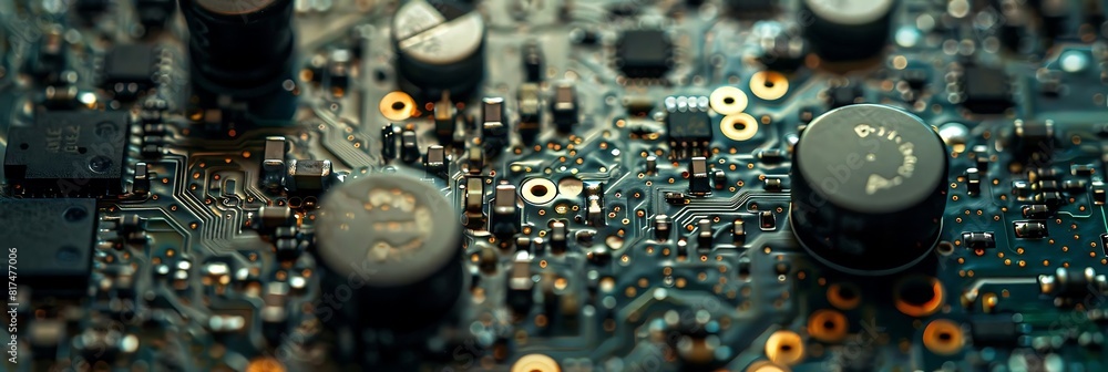 Poster close - up of motherboard circuit with electronic components, featuring a clock on the left