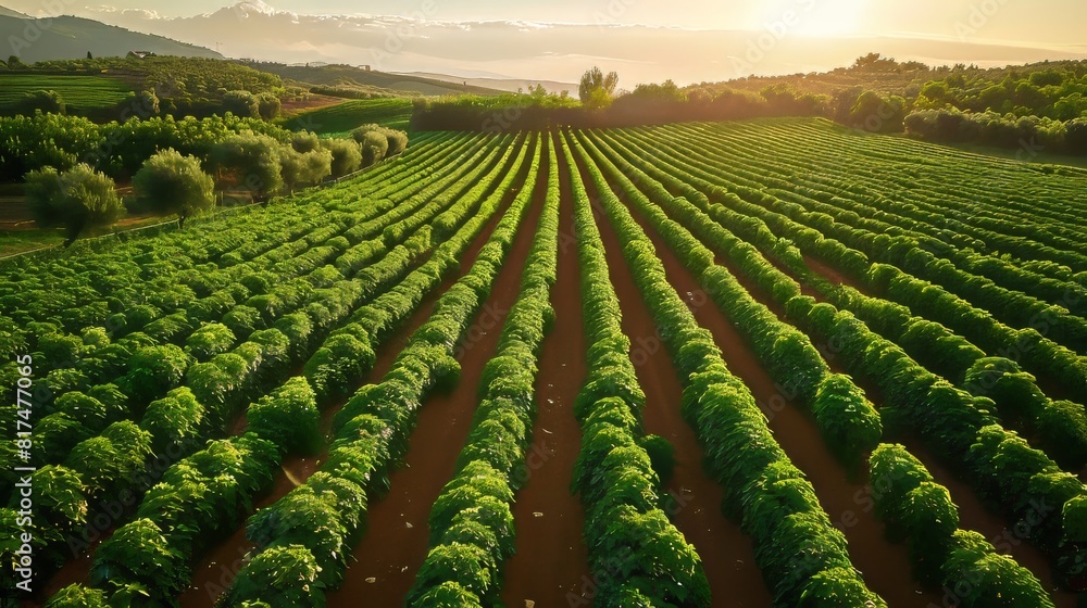 Poster aerial view of a tomato farm with neatly arranged rows creating a striking pattern across the fertil
