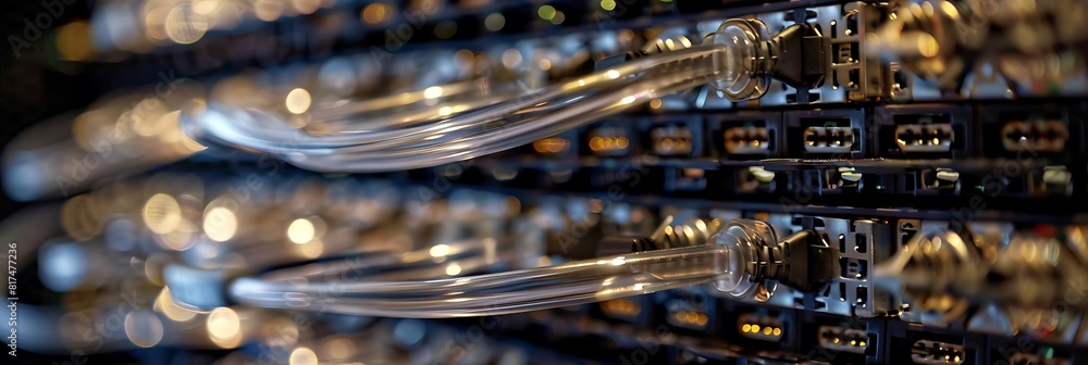 Poster close - up of network cables and data transfer connections in a data center