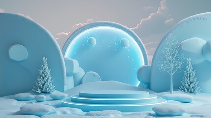 3d podium stage in the snow land background 