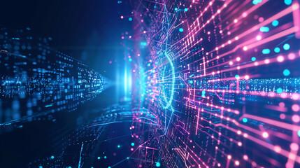 Naklejka premium Futuristic Digital Network with Blue and Pink Lights Background for Technology and Innovation with copy space text, perfect for showcasing technology, innovation and the future.