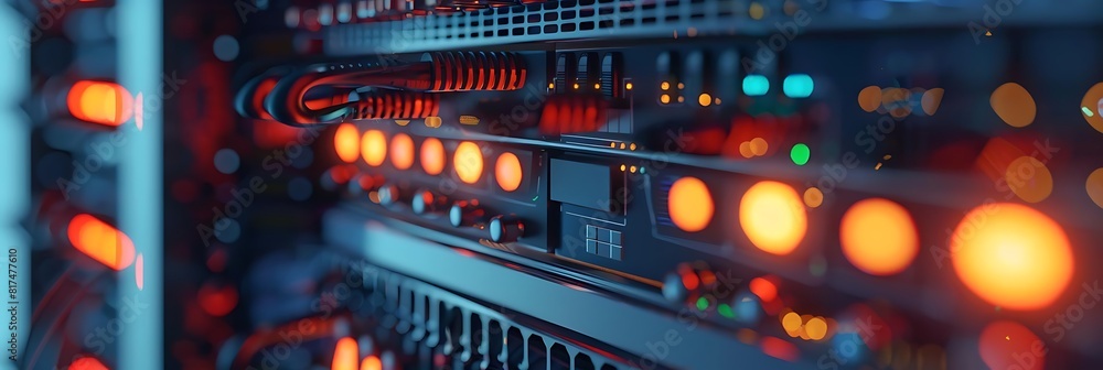 Poster close - up of network server rack with data storage devices, illuminated by an orange light