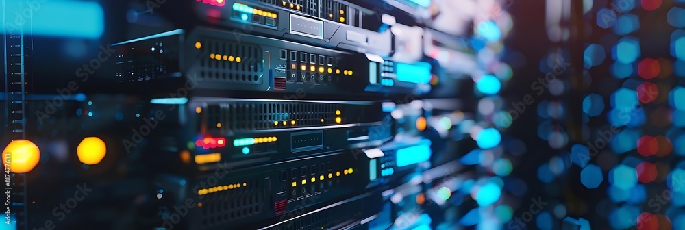Poster close - up of network server rack with data storage devices, featuring a blue wall in the background