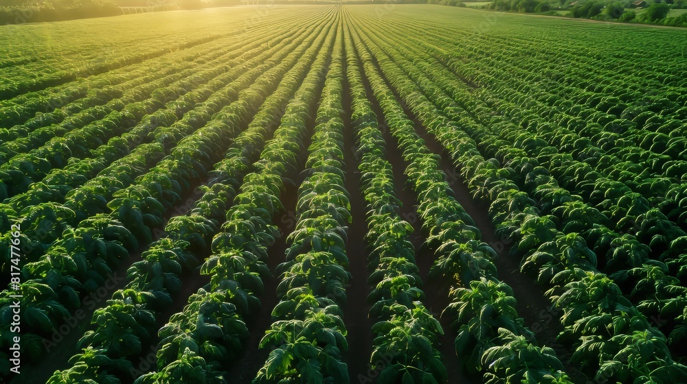 Aufkleber aerial view of a tomato farm with neatly arranged rows creating a striking pattern across the fertil