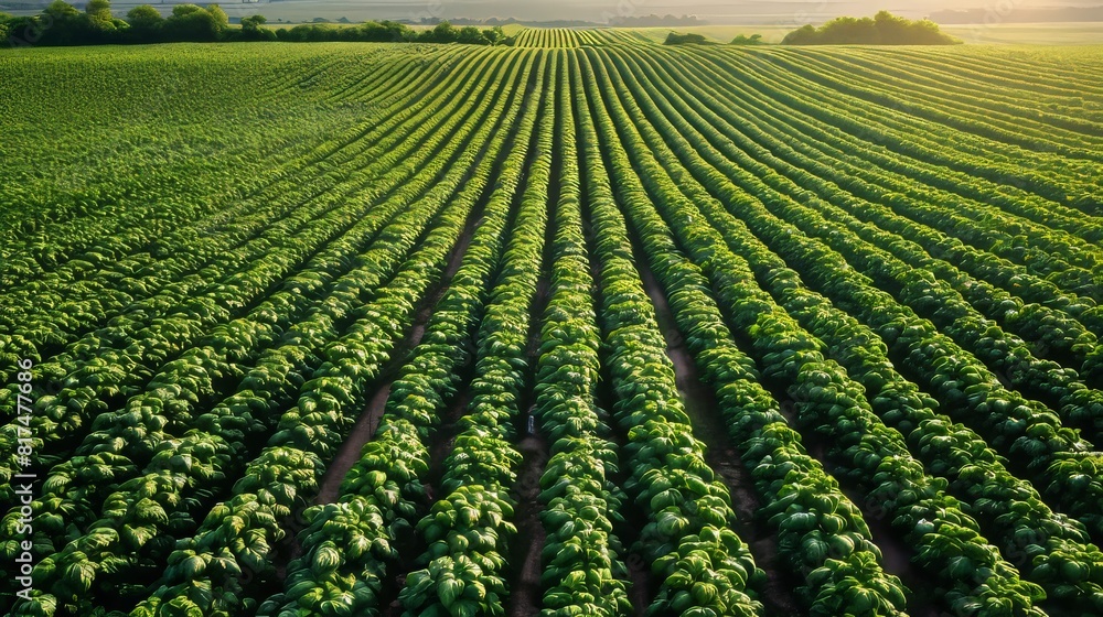 Poster aerial view of a tomato farm with neatly arranged rows creating a striking pattern across the fertil