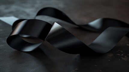 A black satin ribbon coiled elegantly on a dark surface, its smooth texture catching the light with a subtle sheen. 32k, full ultra HD, high resolution
