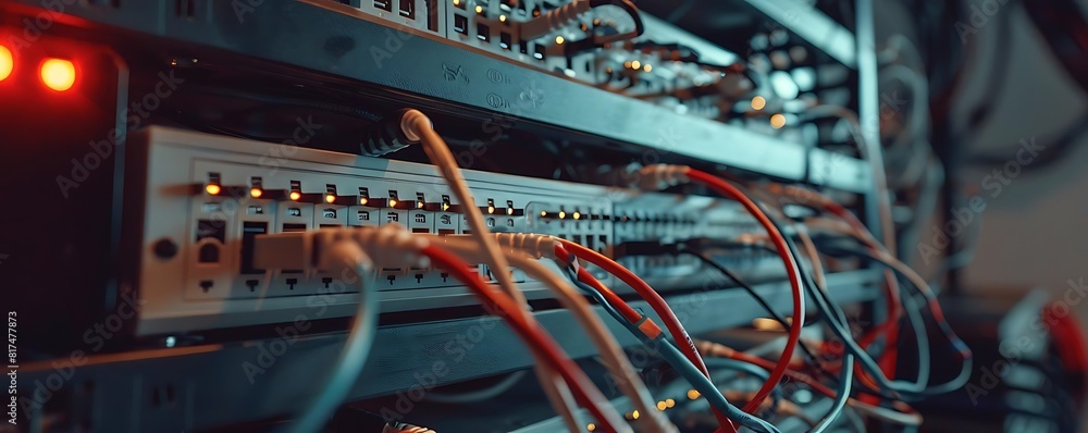 Poster close - up of network switches and routers with cables in the background