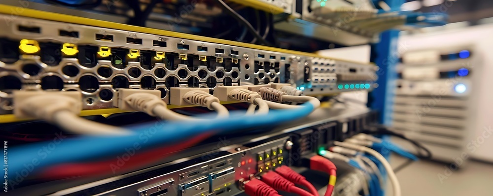 Poster close - up of network switches and routers with cables and wires in the background